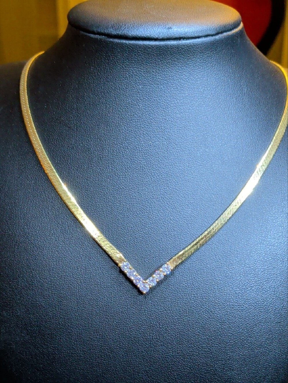 Gold Plated Herringbone V-Shape Crystal Accent Vintage Necklace 18" Long